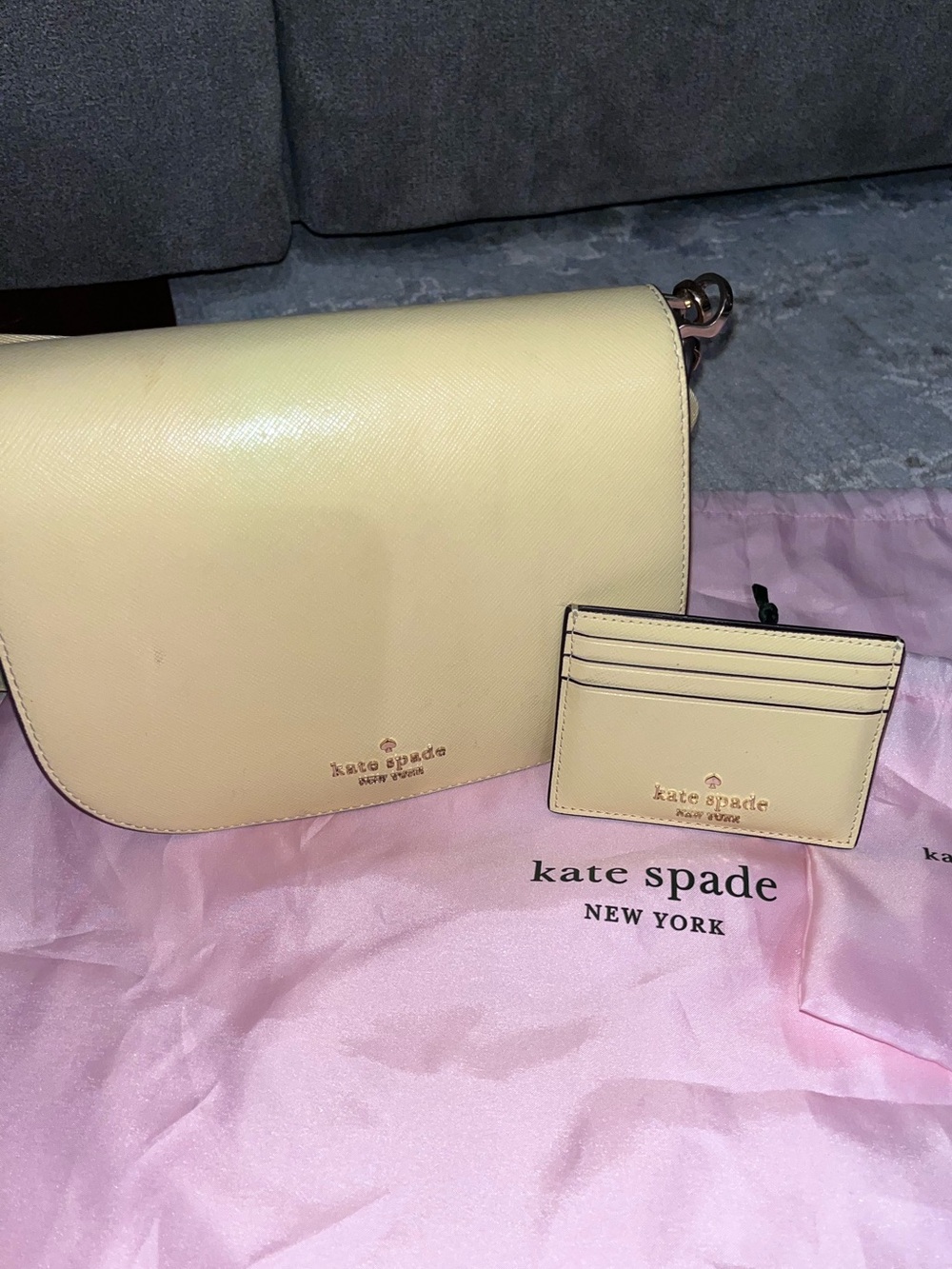 kate spade pale yellow crossbody bag with matching card holder